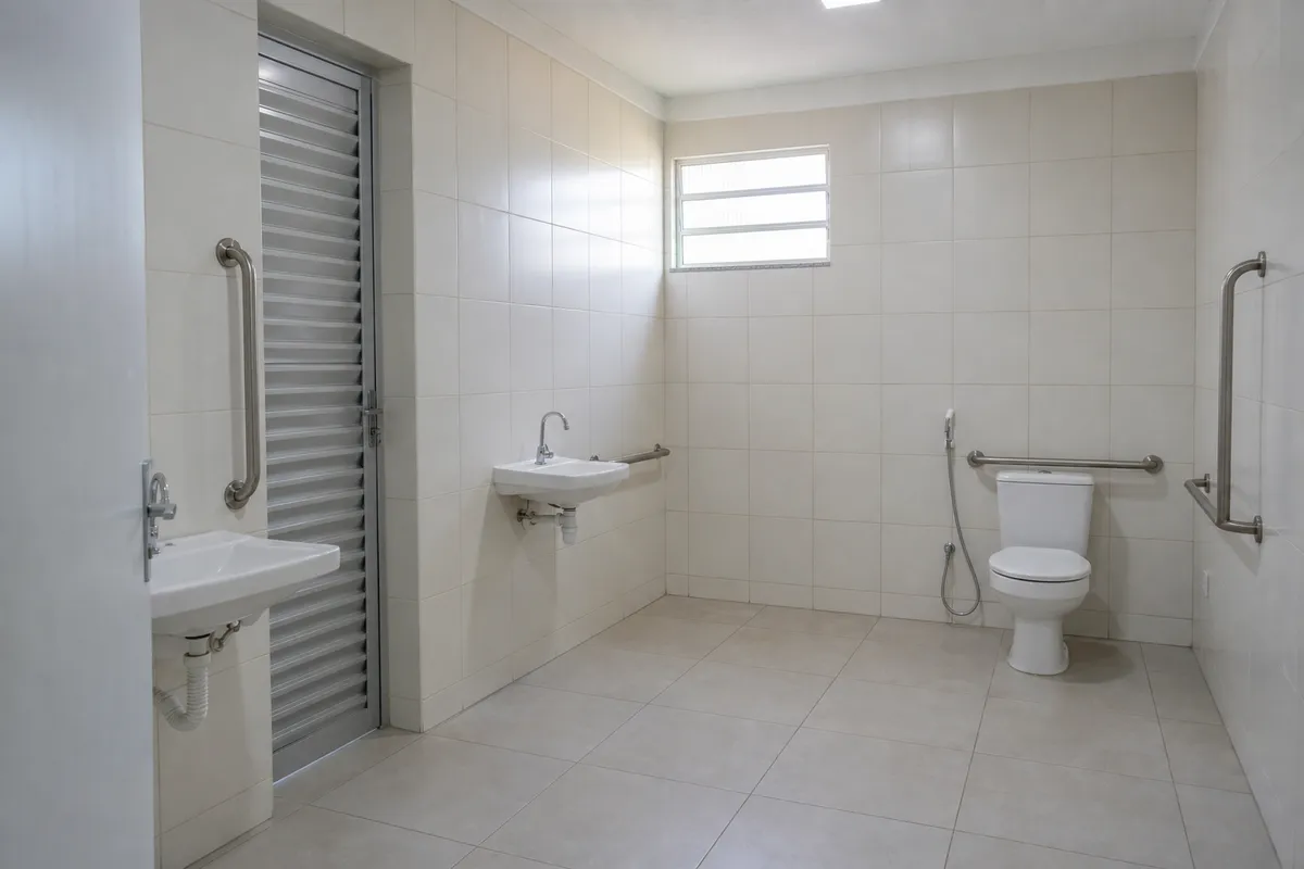 Banheiro escolar acessível com revestimento cerâmico, louças brancas e barras de apoio