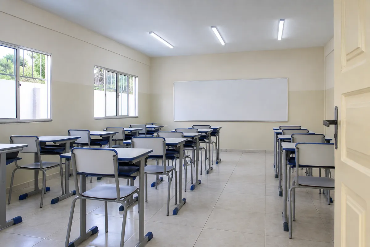 Sala de aula renovada com piso cerâmico, janelas de alumínio, iluminação LED e quadro branco
