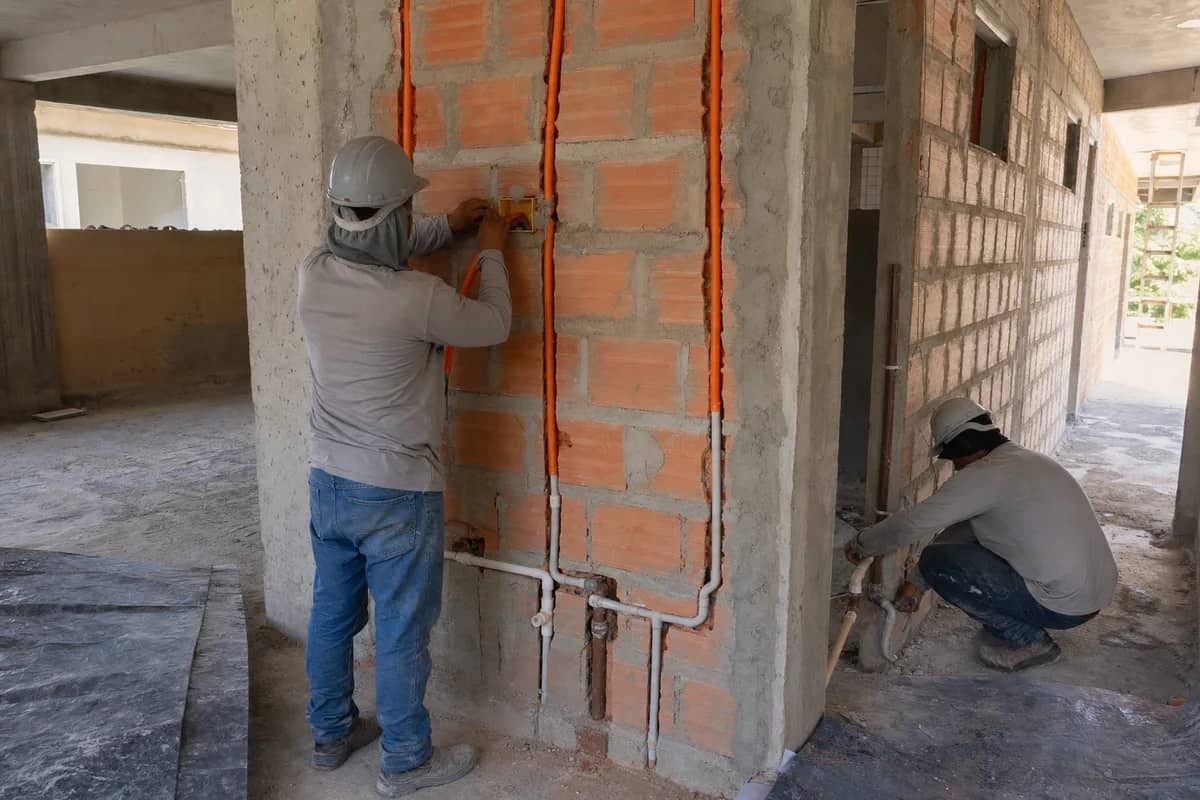 Profissionais executando instalações elétricas e hidráulicas em paredes de alvenaria