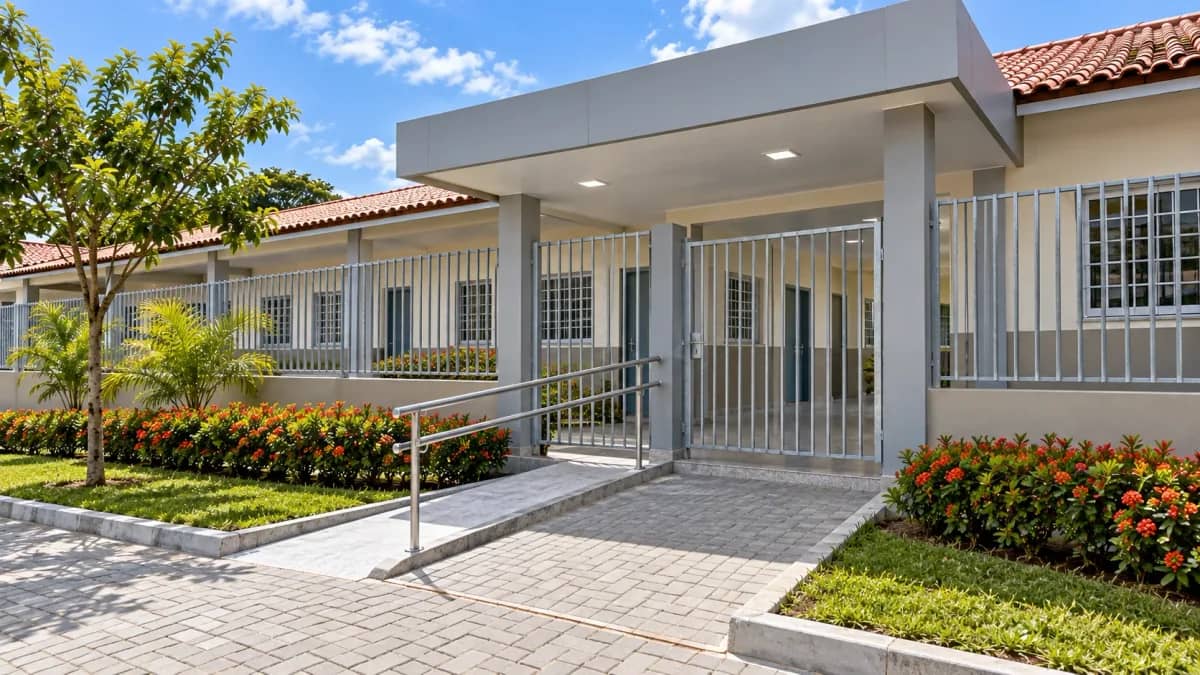Acesso principal com piso intertravado, rampa, corrimão e gradil metálico