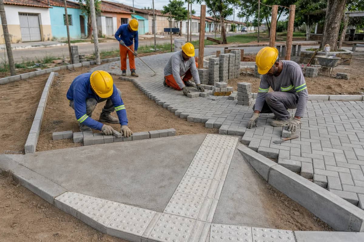 Equipe executando passeio em blocos intertravados junto a uma rampa com piso tátil