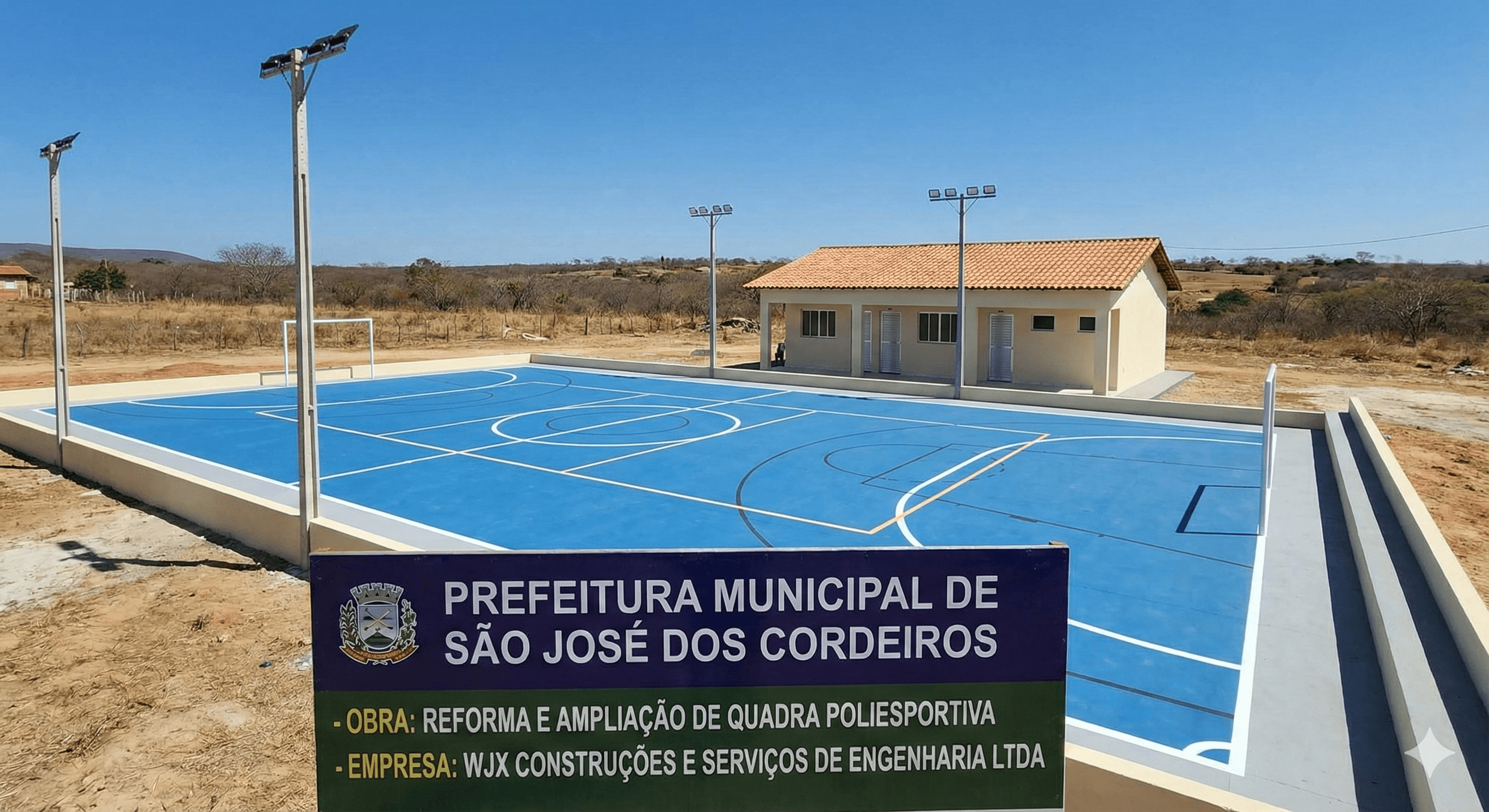 Vista do projeto Reforma de Quadras Esportivas executado pela WJX Construções em São José dos Cordeiros, PB no ano de 2025
