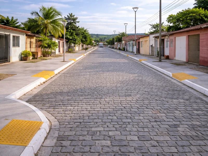 Vista do projeto Pavimentação em Paralelepípedo e Drenagem no Bairro da Várzea executado pela WJX Construções em Baía da Traição, PB no ano de 2024