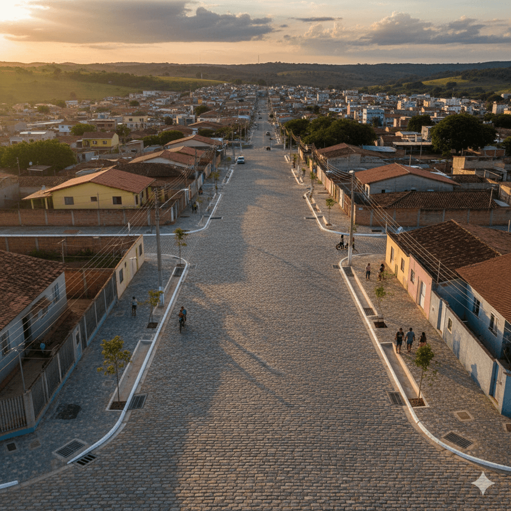 Vista do projeto Pavimentação em Paralelepípedos e Drenagem em Diversas Ruas executado pela WJX Construções em Araruna, PB no ano de 2023