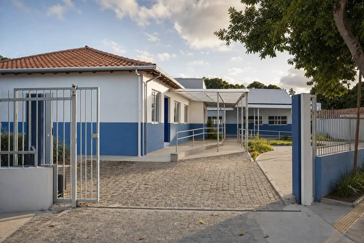 Entrada reformada da Escola Alice de Melo Viana com passarela coberta em Belém, PB