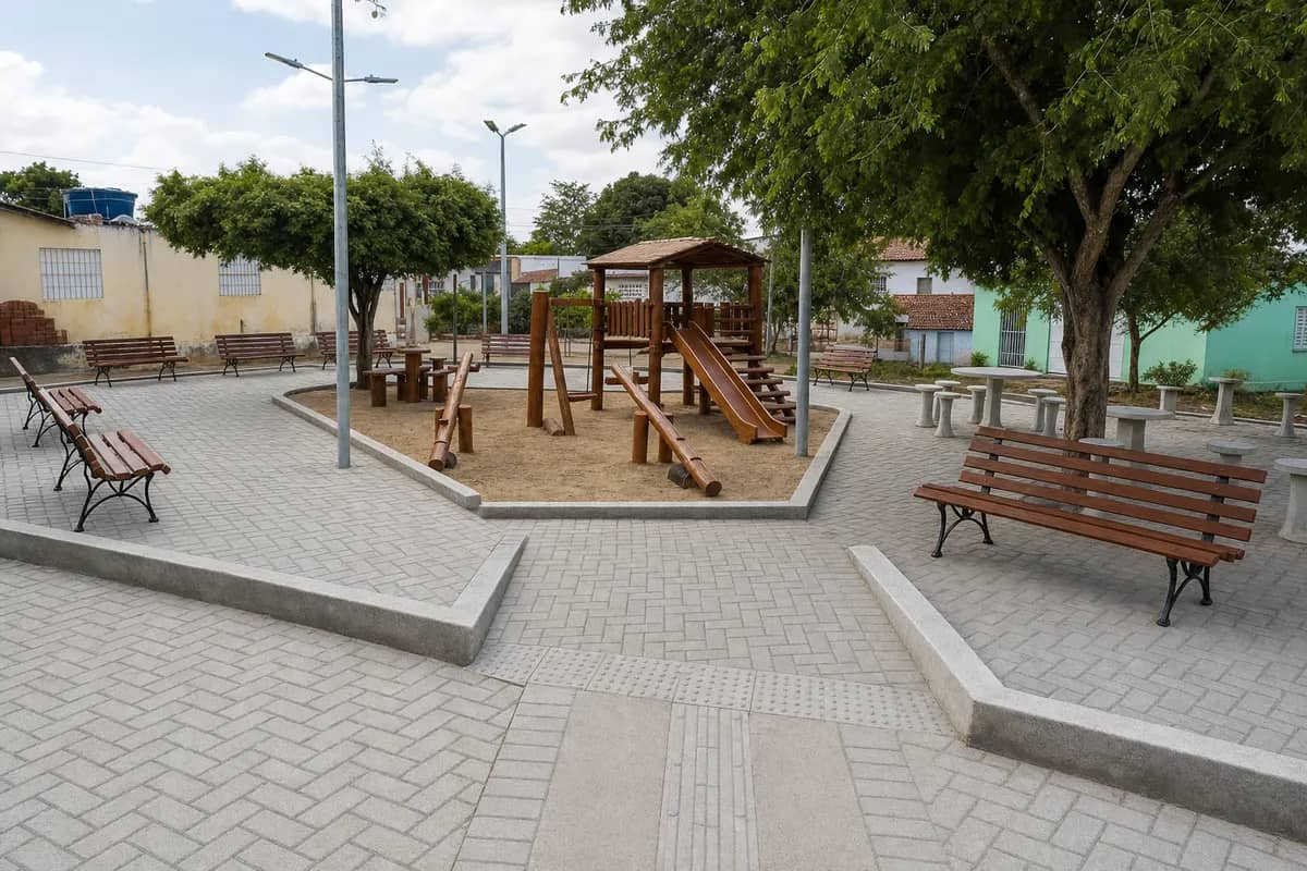 Praça concluída com passeio intertravado, playground de madeira e mobiliário urbano em Salgado de São Félix, PB