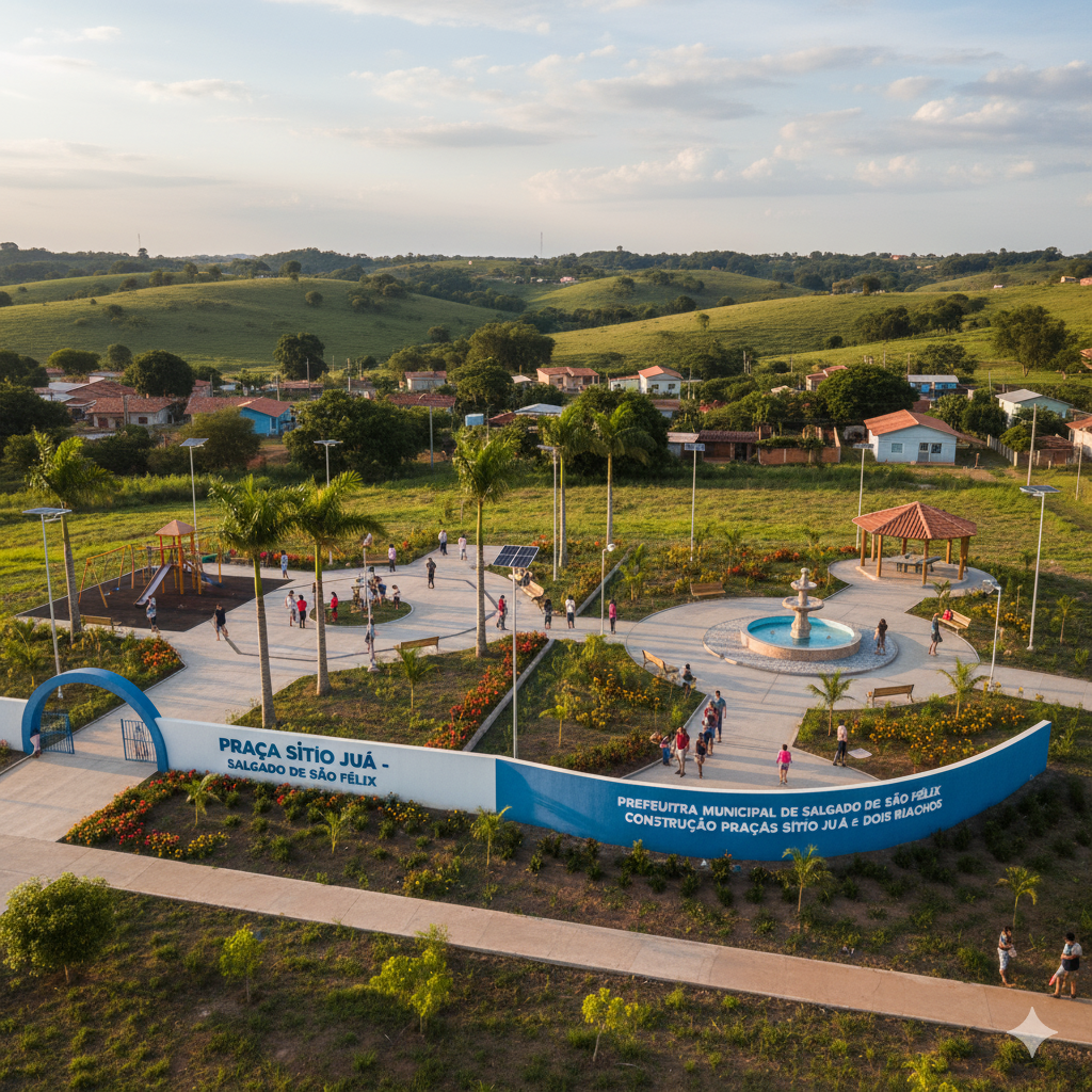 Vista do projeto Construção de Praças no Sítio Juá e Dois Riachos executado pela WJX Construções em Salgado de São Félix, PB no ano de 2024